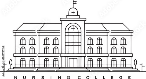 Black and white line art illustration of a nursing college building with arched windows and text