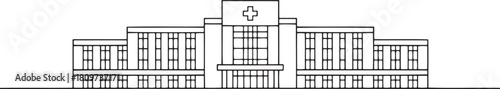 Black and white line art illustration of a symmetrical hospital building with a cross symbol architecture