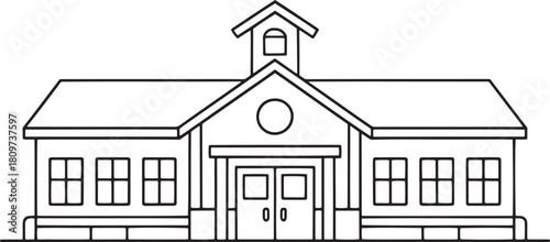 Black and white outline of a school building with a bell tower and multiple windows vector graphic