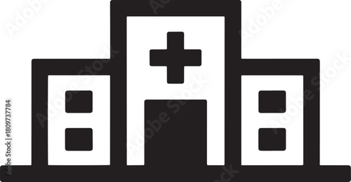 Black and white vector graphic of a hospital building with a cross symbol medical healthcare