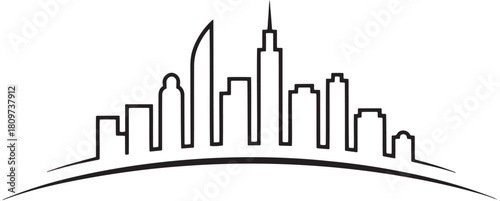 Black and white vector illustration of a city skyline silhouette with curved base urban architecture