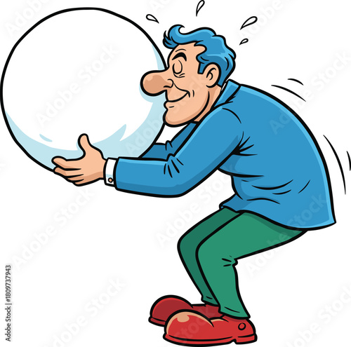 Cartoon man struggling to lift heavy round object, humorous vector illustration of effort, burden, physical strain, challenge, stress, hard work, exaggerated pose, sweat