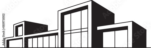 Black and white vector illustration of a modern building with large windows architecture