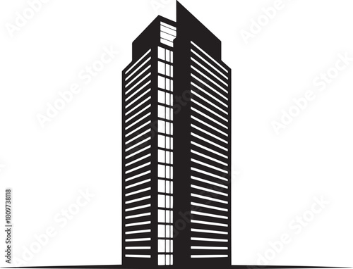 Black and white vector illustration of a tall modern skyscraper building with geometric windows
