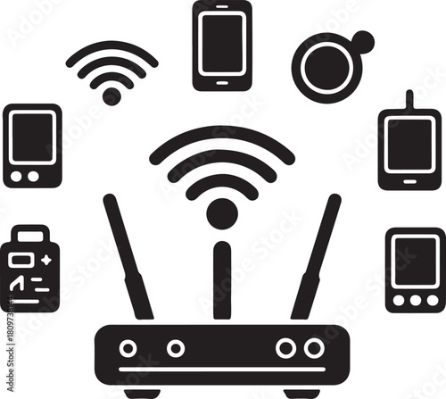 Router emitting Wi-Fi signals with various gadgets connected around it. Flat black silhouette editable vector illustration