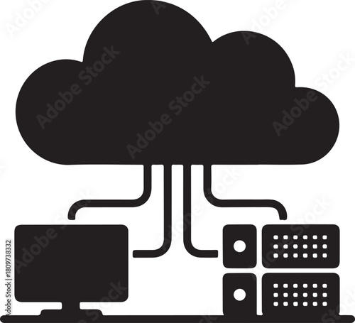 Retro pixel-art cloud server room with computers and cables. Flat black silhouette editable vector illustration