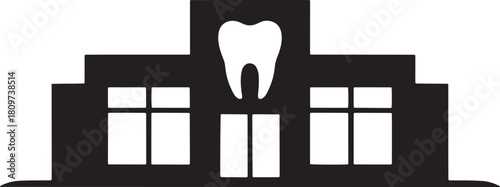 Black silhouette of a building with a large white tooth on its facade vector