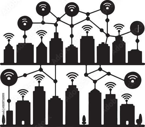 Smart city IoT network map with connected buildings and sensors. Flat black silhouette editable vector illustration