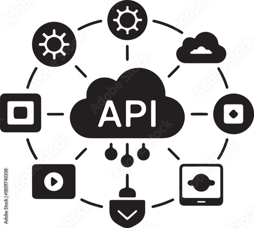 Vector of API integration between software apps and cloud hub. Flat black silhouette editable vector illustration