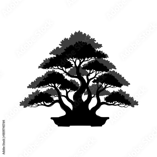A harmonious black vector silhouette of a forest style bonsai group (1).