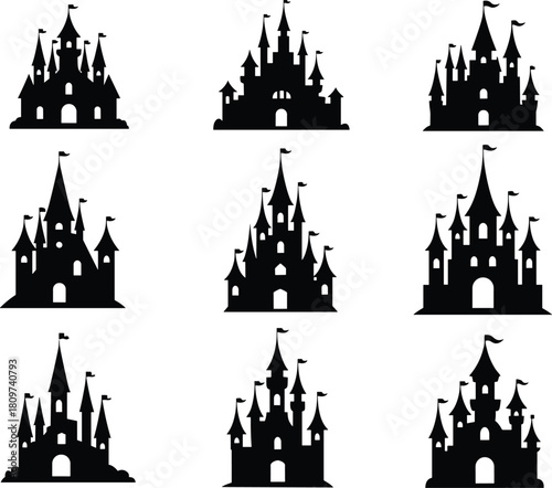 Castle silhouette vector, fairy tale fortress, medieval tower design, fantasy architecture, black icon set, symmetrical castle shapes, turrets and flags, stylized illustration