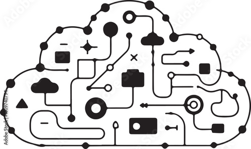 Abstract tech cloud made from geometric shapes and glowing lines. Flat black silhouette editable vector illustration