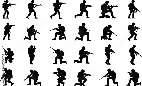 Military soldier silhouettes, armed troops vector, tactical poses collection, rifle action icons, combat stance graphics, war fighters set, battlefield illustration pack