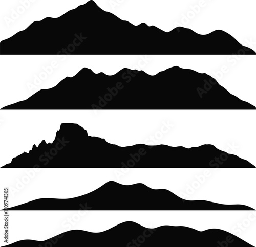 Mountain silhouette vector, jagged peaks illustration, black contour landscape, alpine skyline graphic, rugged terrain shapes, outdoor nature design, minimalist mountain range clipart