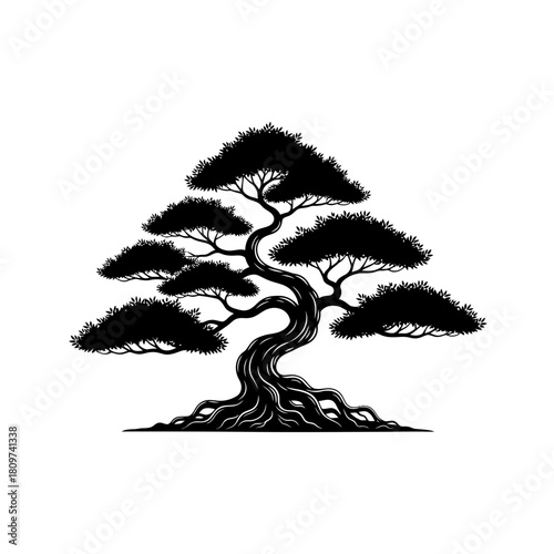 A refined black vector silhouette of a sculpted bonsai tree (1).