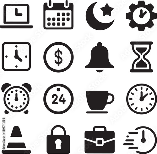 Collection of black icons representing time money and business concepts clock calendar