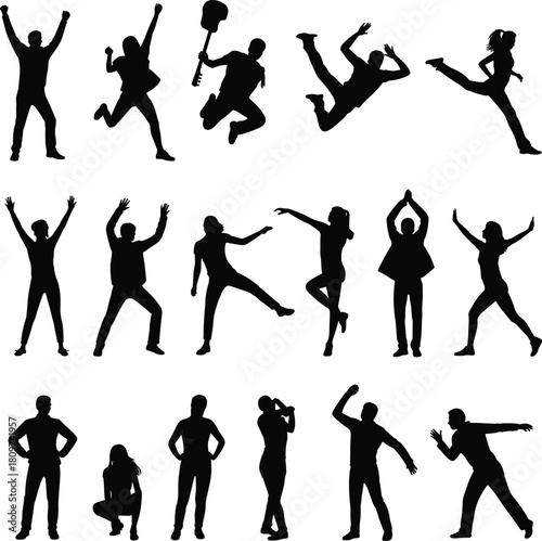 Silhouette people, dynamic poses, dancing figures, jumping action, expressive movement, black shapes, human gestures, energetic stance, artistic reference, vector style, isolated figures, emotion