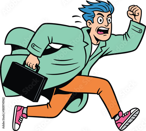 Cartoon person running with urgency, blue hair, green coat, briefcase in hand, energetic motion, dynamic pose, late for work, vector illustration