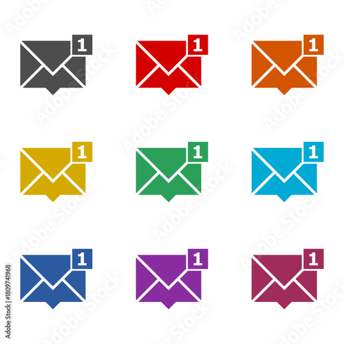New message icon with notification isolated on white background. Set icons colorful