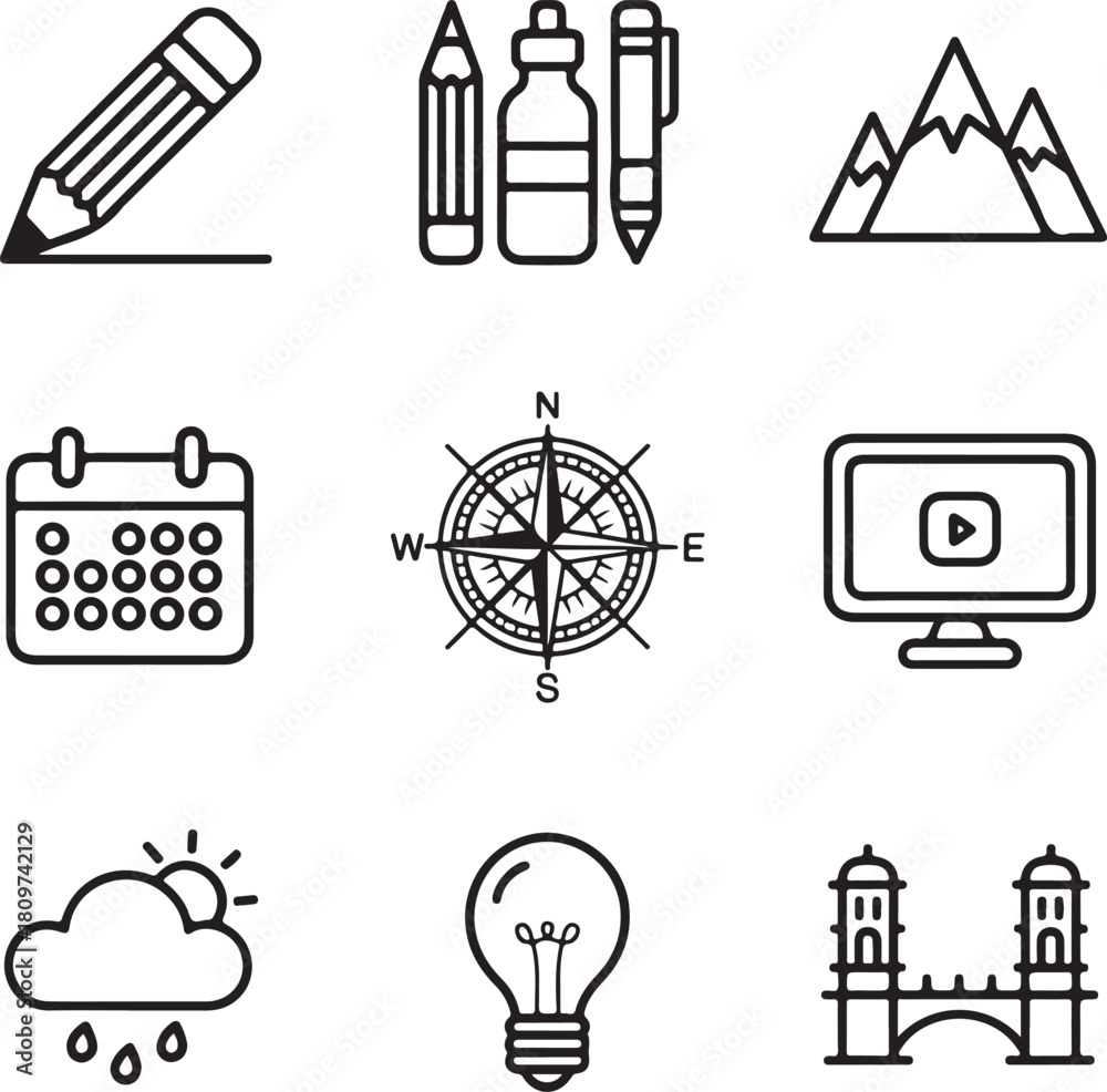 Fototapeta premium Nine minimalist black and white line art icons on white background collection graphic