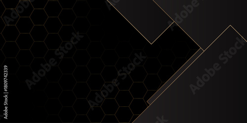 Abstract geometric gold on black background with triangle shape. Geometric dark material hexagon Elegant abstract shiny luxury black gold background use for wallpaper, banner, cover or Presentation.