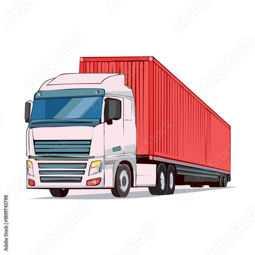 Modern White Truck with Red Shipping Container Transporting Cargo