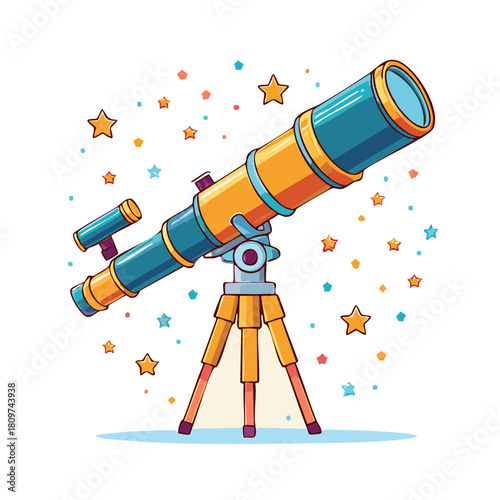 Cartoonish Telescope Illustration with Colorful Stars for Astronomy Concepts