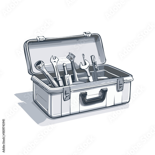 Open toolbox with assorted wrenches and tools in a modern illustrative style