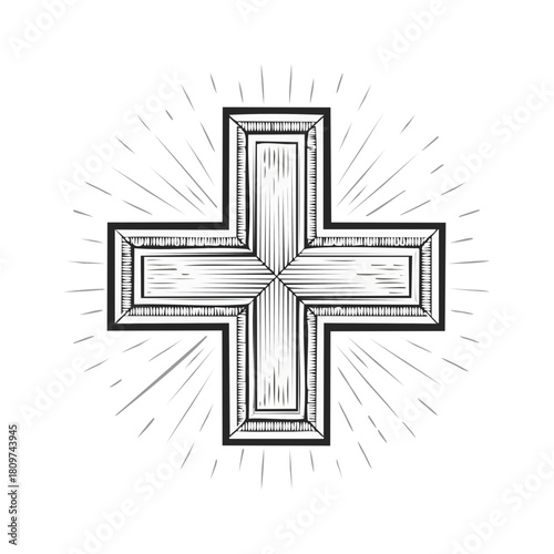 Vintage Cross with radial sunburst, religious symbol illustration