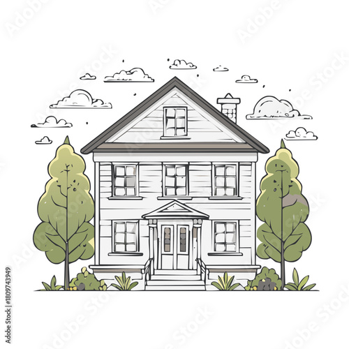Charming Two Story Residential House Illustration with Trees and Clouds