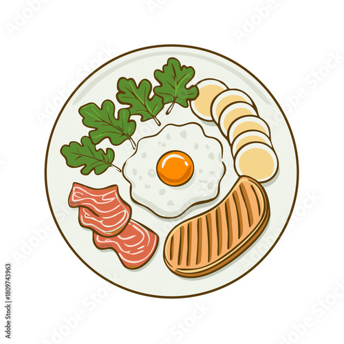 Breakfast plate with sunny side up egg, sausage, bacon, boiled eggs and arugula leaves