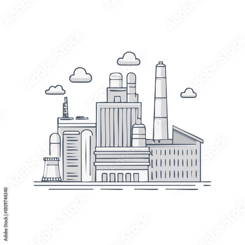 Modern industrial factory complex with smokestacks and clouds in a linear illustration style