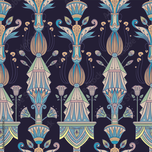 Seamless vector pattern of an ancient Egyptian lotus flower. Hand-drawn retro design in earthy tones, inspired by Egyptology and traditional ornamental motifs. Perfect for textiles, wallpaper, and