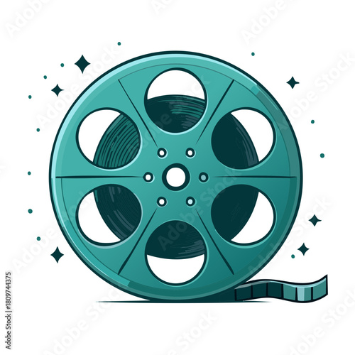 Illustration of a teal film reel with movie film and stars, movie making and visual arts concept
