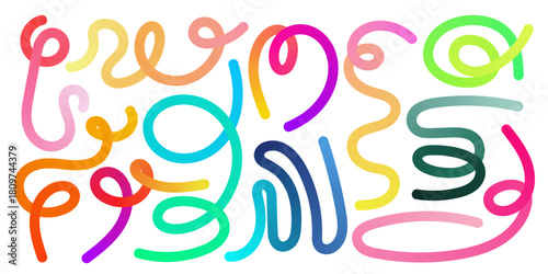 Vibrant gradient lines twist into rainbow swirls forming lively abstract ribbons. Dynamic curves and organic waves create playful 3D flow perfect for modern posters celebrating bright color and motion