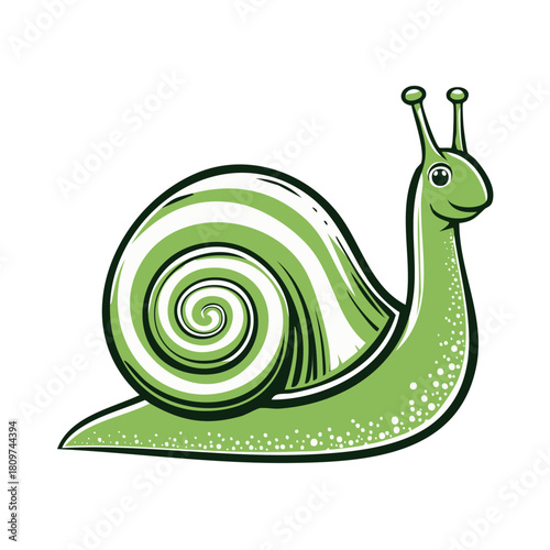 Green snail cartoon illustration with spiral shell and antennae