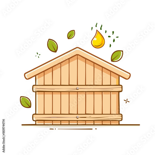Wooden natural bathhouse with floating green leaves and soothing essential oil drop