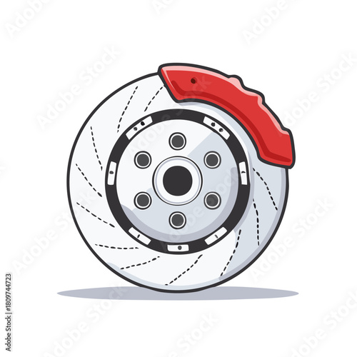 Performance Brake Disc with Red Caliper Isolated on White