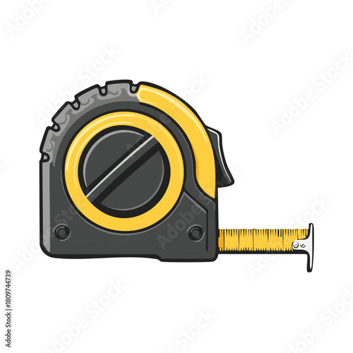 Illustration of a Yellow and Gray Retractable Tape Measure Measuring Tool