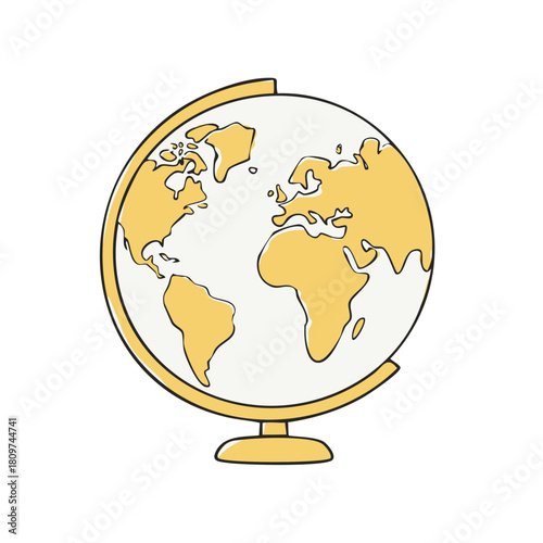 Stylized Globe with Yellow Continents and Stand, Simple Line Art Illustration
