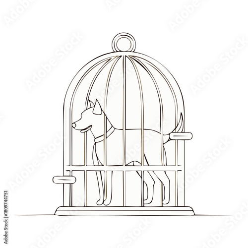 Line Drawing of a Dog Standing Inside a Birdcage