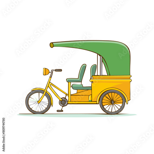 Colorful yellow pedicab with a green canopy traditional passenger bicycle taxi vehicle illustration
