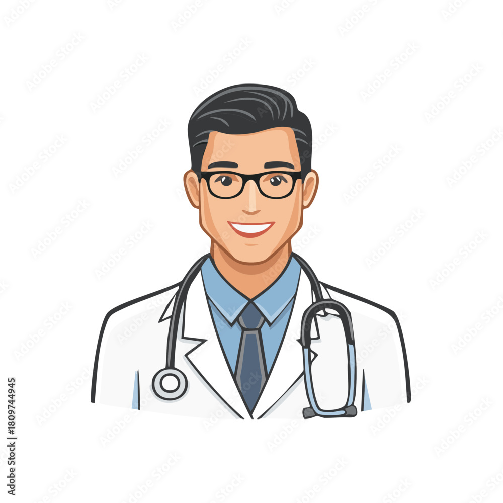 Fototapeta premium Friendly male doctor in a lab coat with a stethoscope smiling vector illustration