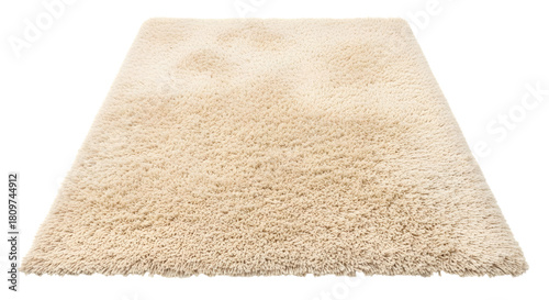 Plush beige shaggy rug with frayed edges and soft texture isolated on a transparent background carpet