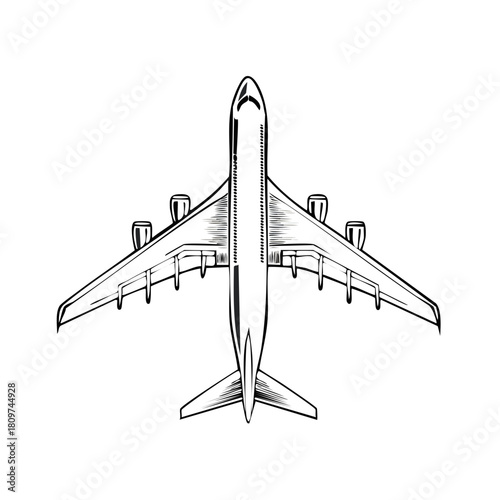 Overhead illustration of a modern jetliner with four engines and long wings