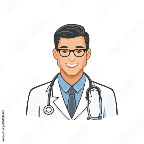 Friendly male doctor in a lab coat with a stethoscope smiling vector illustration