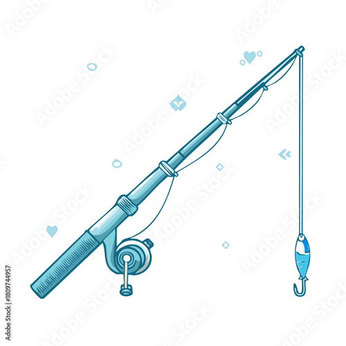 Illustration of a blue fishing rod with a hook and lure catching a stylized fish