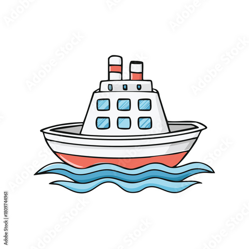 Cartoon boat illustration cruises on waves, showing whimsical travel transport