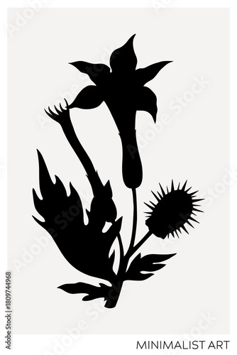 Datura silhouette illustration. Minimalist art botanical poster template. Trinket design element. NOT AI generated