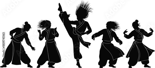 WebSilhouette vector illustration of martial artists performing dynamic karate and kung fu poses with powerful kicks, stances, movement, energy